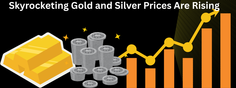 Skyrocketing gold and silver prices are rising in India, showing gold bars, silver coins, and an upward trending market graph